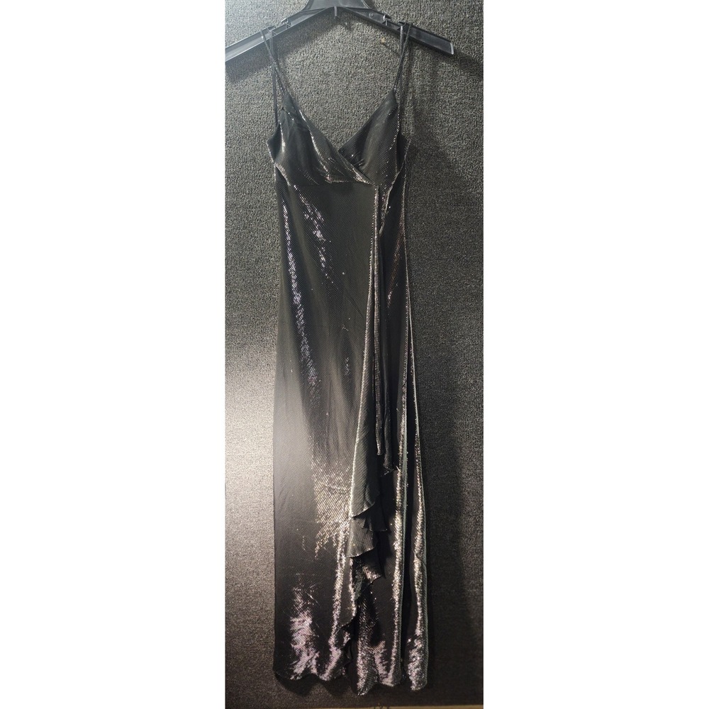 Delaru Vintage/Y2K Black Metallic Black/Silver Maxi Dress Ruffle Slit Size 11/12